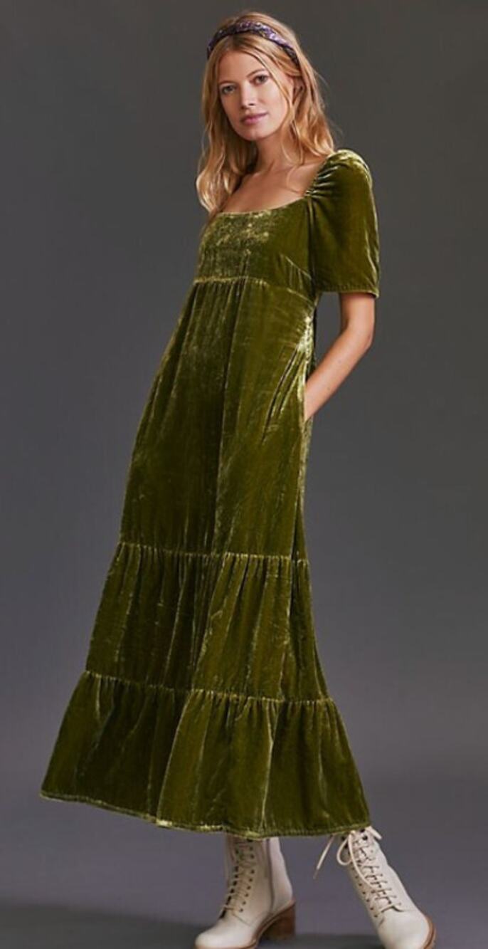 Anthropologie Dark Sage Green Velvet Empire Waist Dress. Size 2
